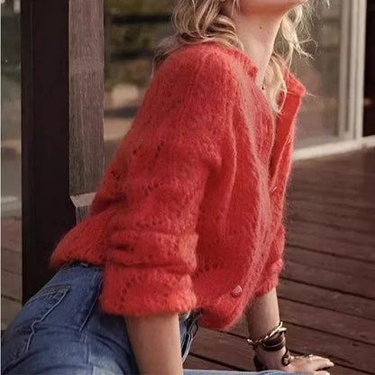 French Hollow Out Loose Red Mohair Cardigan Cardigan-241208