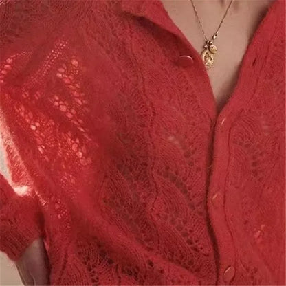 French Hollow Out Loose Red Mohair Cardigan Cardigan-241208
