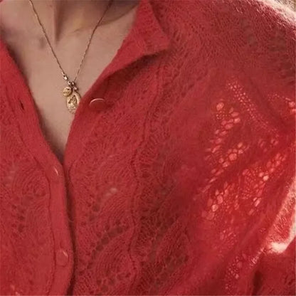 French Hollow Out Loose Red Mohair Cardigan Cardigan-241208