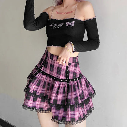 Lolita Cake Gothic Japanese Harajuku Purple Pink Plaid Pleated Skirt