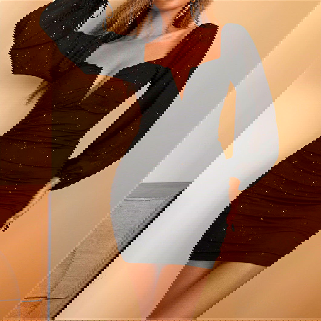 Long Sleeve Deep V Plunge Plunge Dress Tight Black Hip