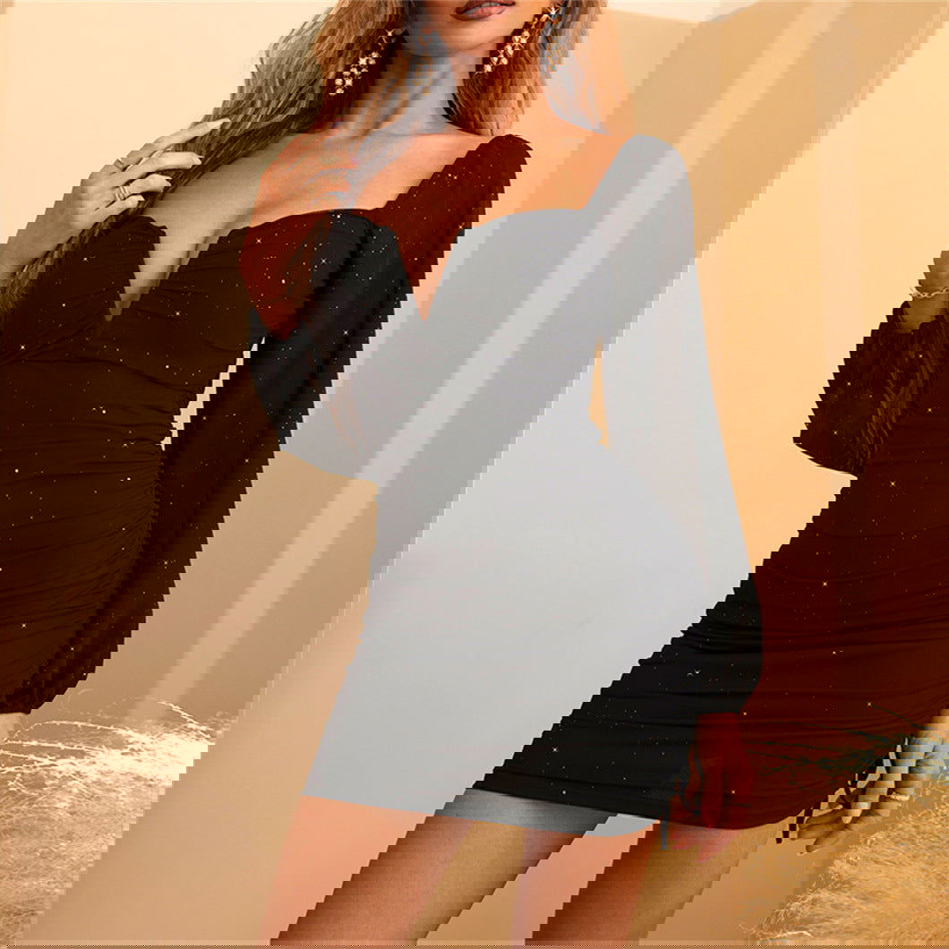 Long Sleeve Deep V Plunge Plunge Dress Tight Black Hip