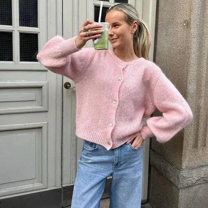 Loose Single Breasted Casual O-neck Long Sleeve Solid Cardigan