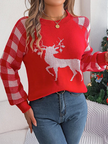 Knitted Plaid Christmas Sweater With Round Neck And Long Sleeves For Autumn/Winter Red / S