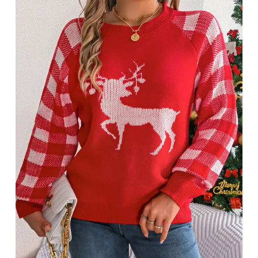 Knitted Plaid Christmas Sweater With Round Neck And Long Sleeves For Autumn/Winter Sweaters-L