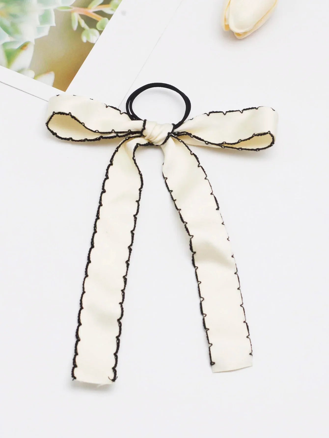 Long Tassel Streamer Elastic Ribbon Bowknot Hair Accessory For Christmas Beige Accessories-L