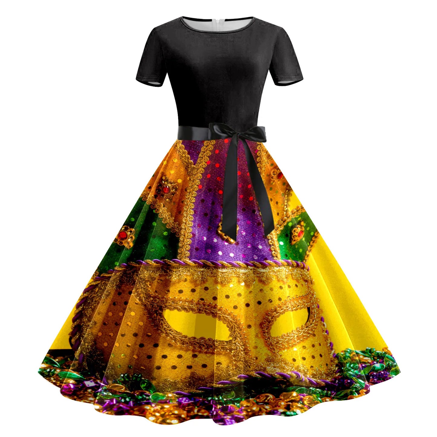 JuliaFashion - Mardi Gras 2024 Women Print Short Sleeve 1950s Evening Party Formal Belt Summer High Waist A Line Midi Dress