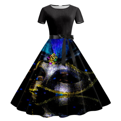 JuliaFashion - Mardi Gras 2024 Women Print Short Sleeve 1950s Evening Party Formal Belt Summer High Waist A Line Midi Dress