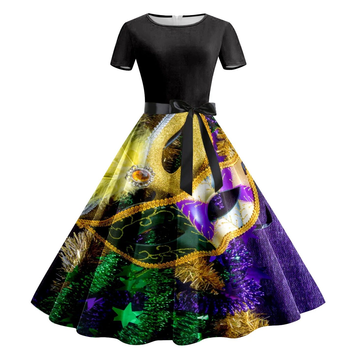 JuliaFashion - Mardi Gras 2024 Women Print Short Sleeve 1950s Evening Party Formal Belt Summer High Waist A Line Midi Dress