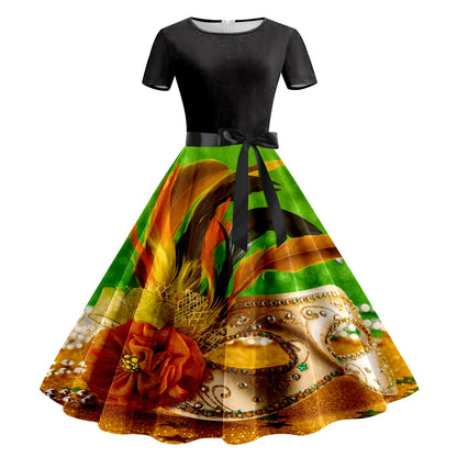 JuliaFashion - Mardi Gras 2024 Women Print Short Sleeve 1950s Evening Party Formal Belt Summer High Waist A Line Midi Dress