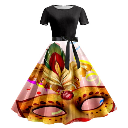 JuliaFashion - Mardi Gras 2024 Women Print Short Sleeve 1950s Evening Party Formal Belt Summer High Waist A Line Midi Dress