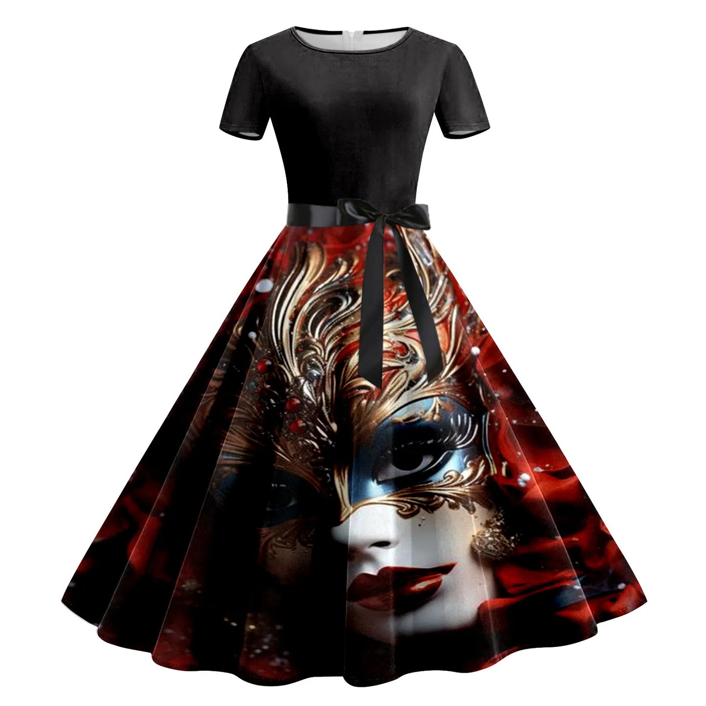 JuliaFashion - Mardi Gras 2024 Women Print Short Sleeve 1950s Evening Party Formal Belt Summer High Waist A Line Midi Dress