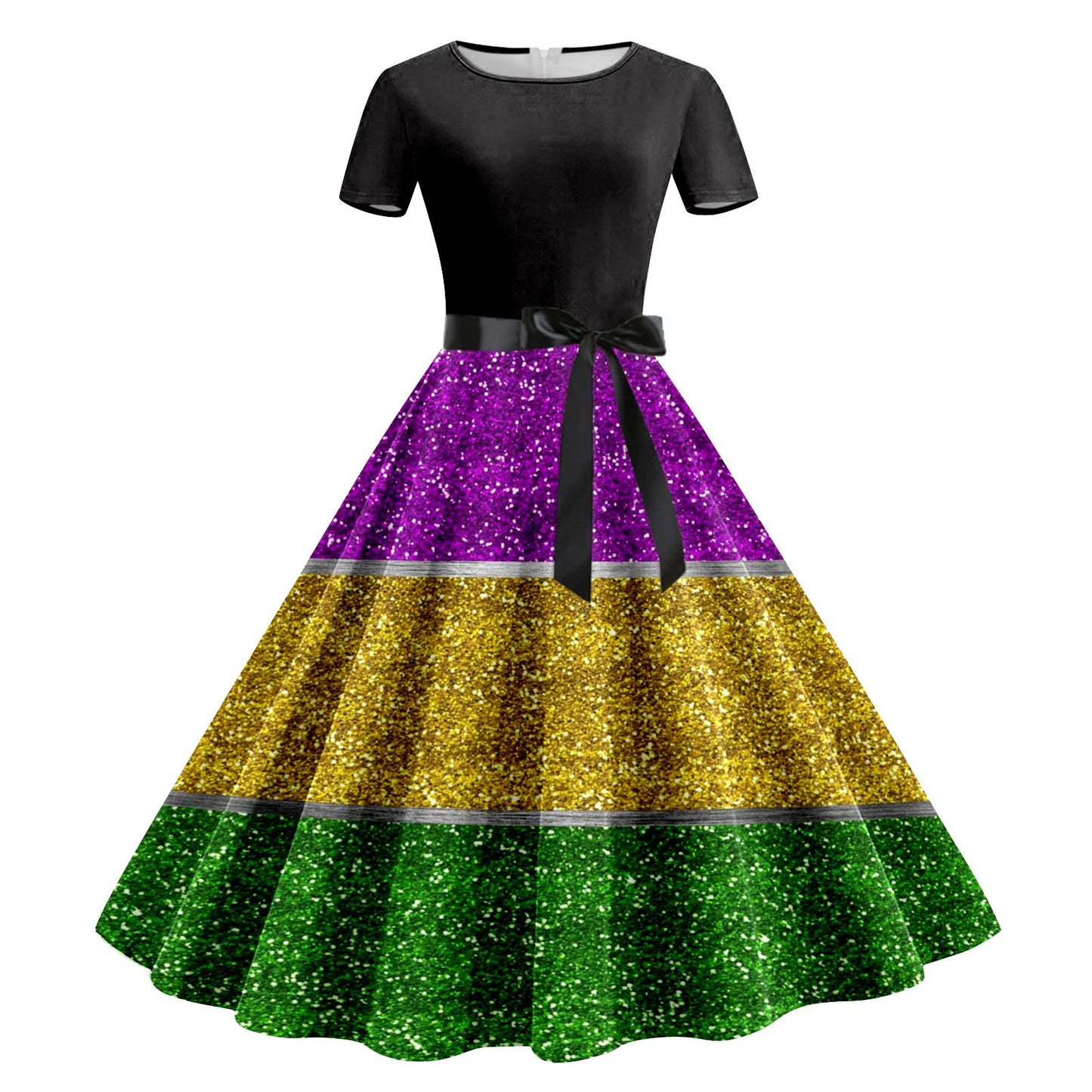 JuliaFashion - Mardi Gras 2024 Women Print Short Sleeve 1950s Evening Party Formal Belt Summer High Waist A Line Midi Dress