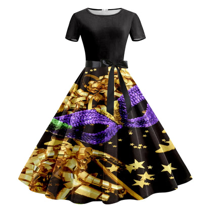 JuliaFashion - Mardi Gras 2024 Women Print Short Sleeve 1950s Evening Party Formal Belt Summer High Waist A Line Midi Dress