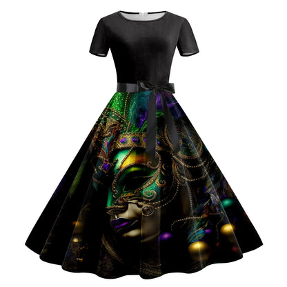 JuliaFashion - Mardi Gras 2024 Women Print Short Sleeve 1950s Evening Party Formal Belt Summer High Waist A Line Midi Dress