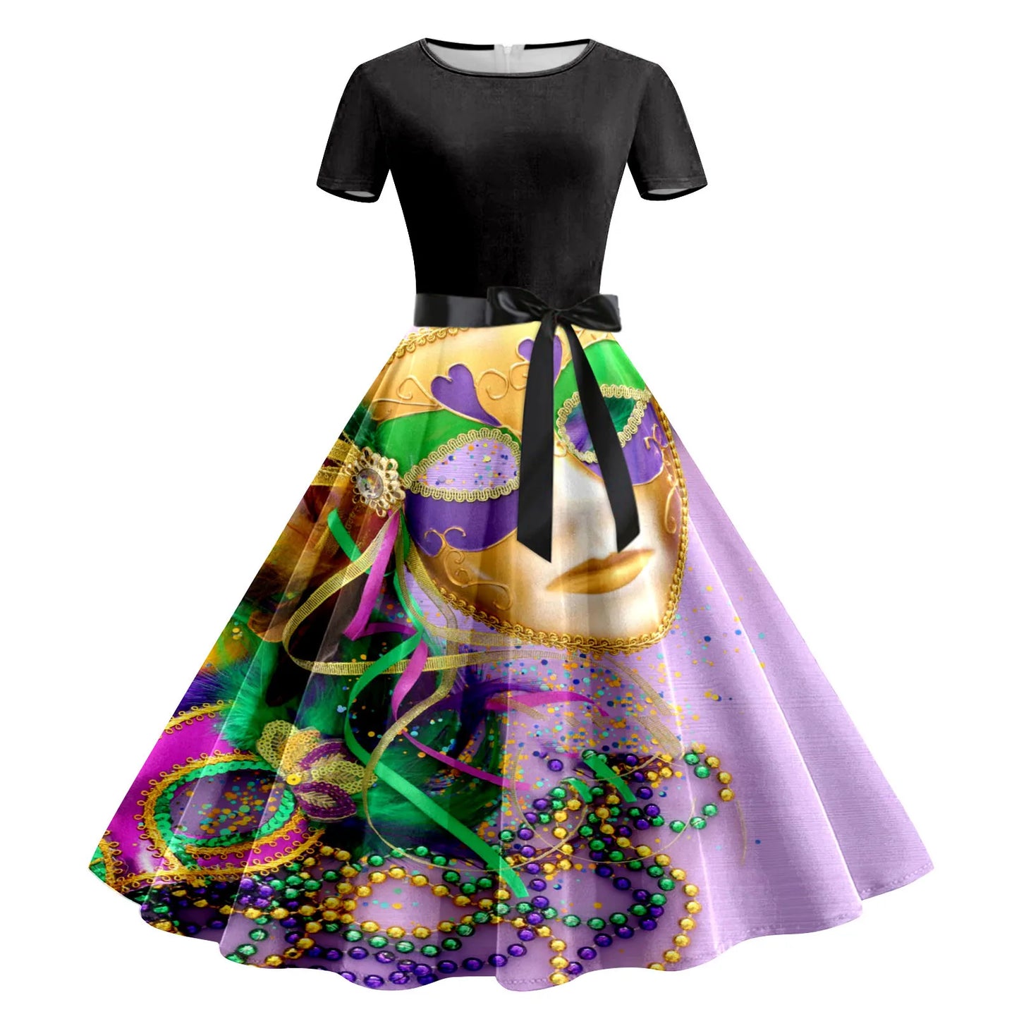 JuliaFashion - Mardi Gras 2024 Women Print Short Sleeve 1950s Evening Party Formal Belt Summer High Waist A Line Midi Dress