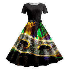 JuliaFashion - Mardi Gras 2024 Women Print Short Sleeve 1950s Evening Party Formal Belt Summer High Waist A Line Midi Dress