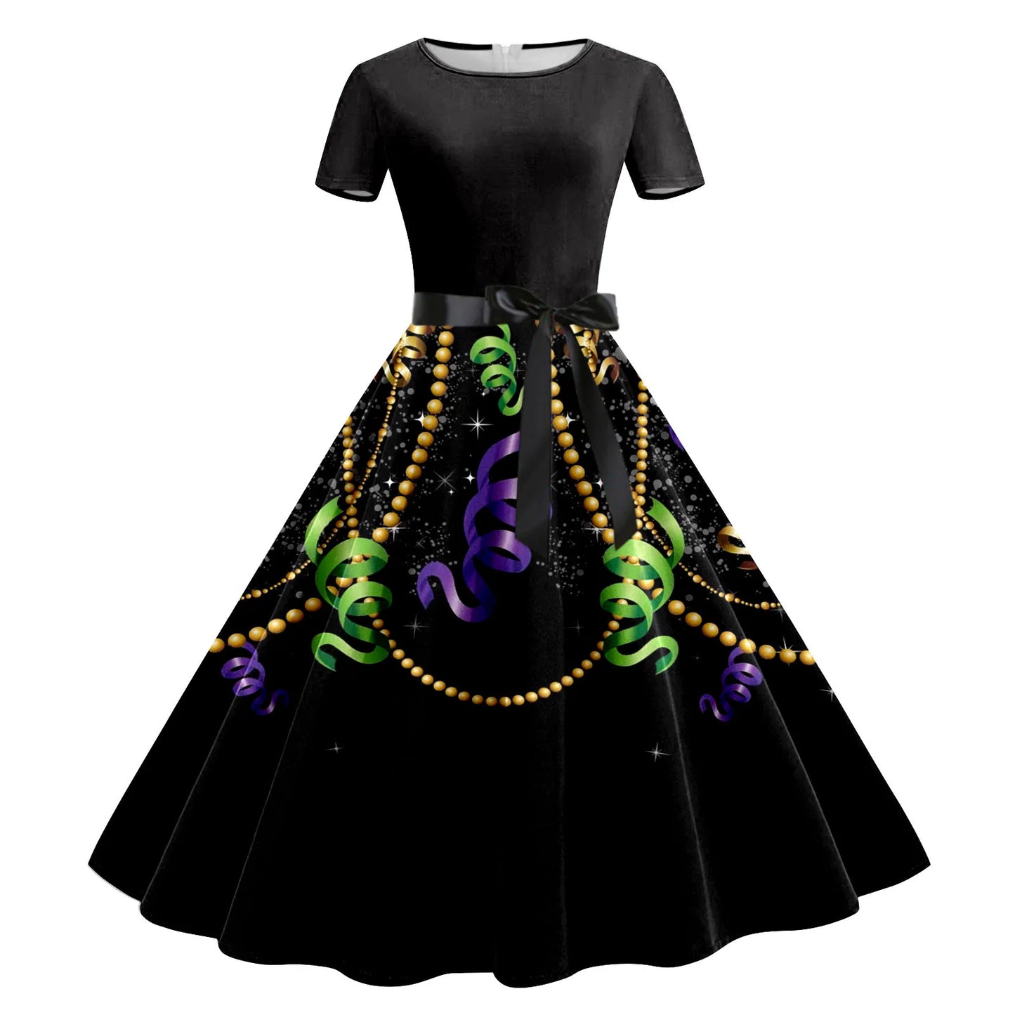 JuliaFashion - Mardi Gras 2024 Women Print Short Sleeve 1950s Evening Party Formal Belt Summer High Waist A Line Midi Dress