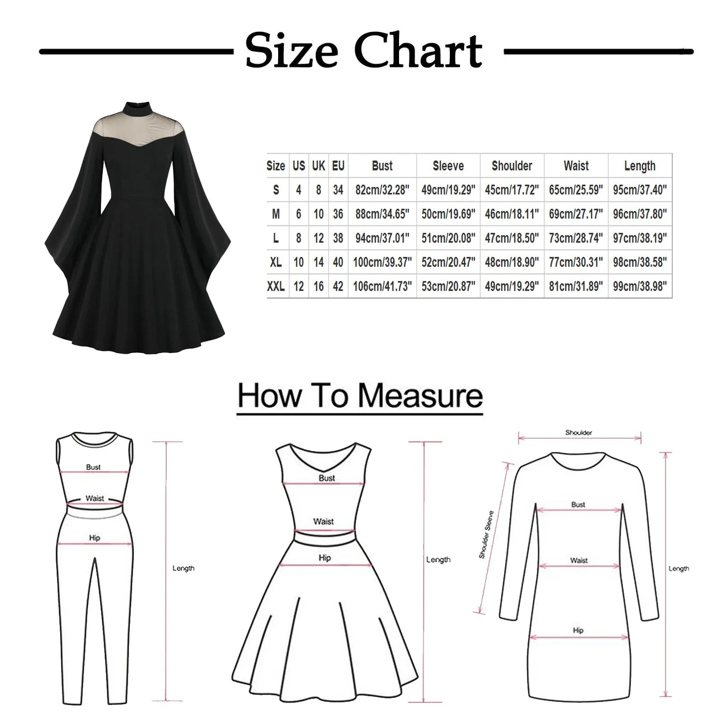 JuliaFashion - Medieval Retro Queen Princess Party Long Sleeve Punk Vintage Gothic 50s Flare Sleeve Swing Cosplay Costume Dress