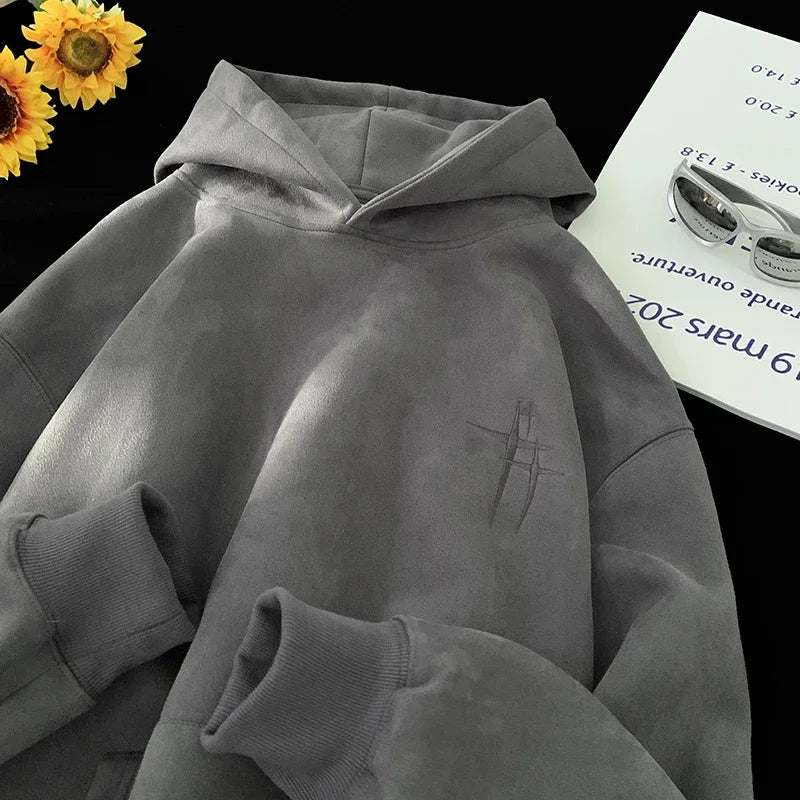 Vintage American Stylish Suede Hooded Sweatshirt