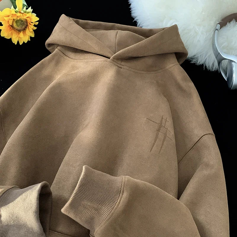 Vintage American Stylish Suede Hooded Sweatshirt