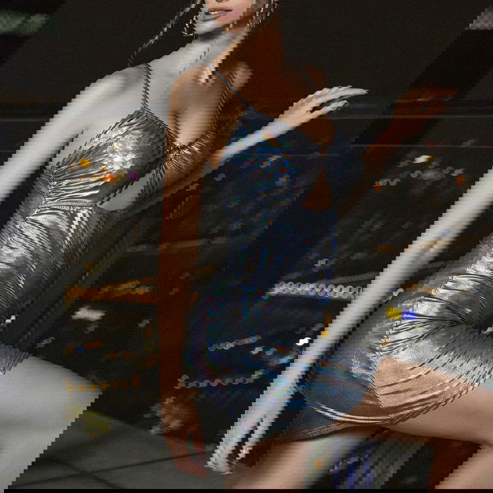 Metallic Coated Fabric Shiny Night Club Slip Hip Dress