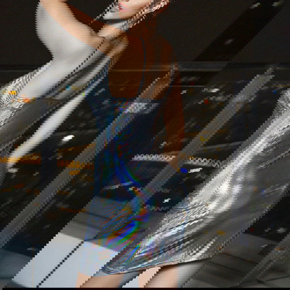 Metallic Coated Fabric Shiny Night Club Slip Hip Dress