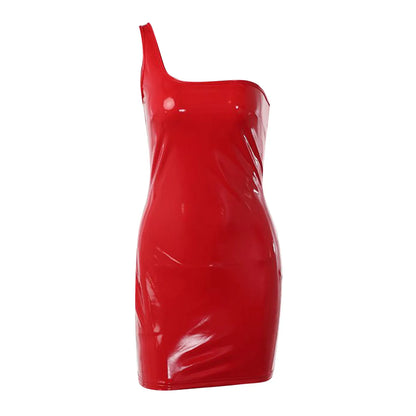 JuliaFashion - Mid-Night Club Red PU Leather Women Dew Shoulder Hot Sexy Female Fashion Sleeveless Open Back Party Bodycon Dress