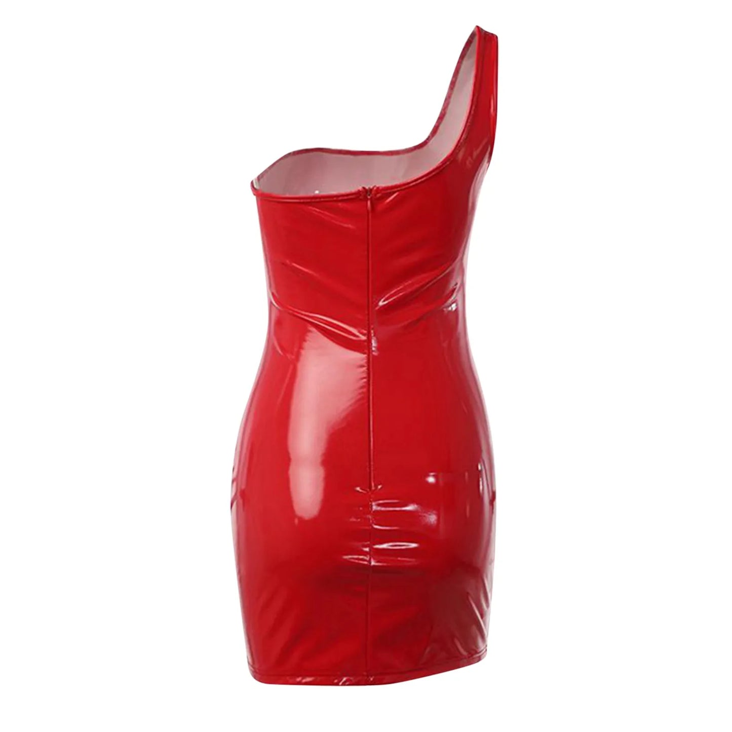 JuliaFashion - Mid-Night Club Red PU Leather Women Dew Shoulder Hot Sexy Female Fashion Sleeveless Open Back Party Bodycon Dress