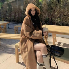 Hooded Fleece Lined Mid-Length Overcoat Coffee / M