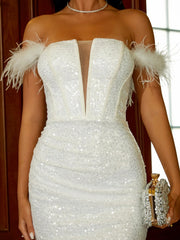 White Feather Off-Shoulder Mini Party Dress Partydress-241208