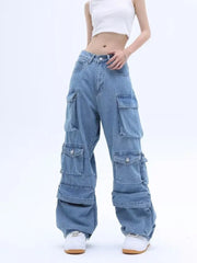 Multi-Pocket Washed Cargo New Heavy Industry Y2K Vintage Streetwear Loose Oversized Straight-Leg