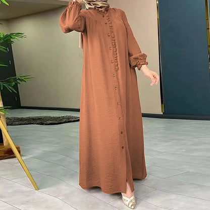 JuliaFashion - Muslim Abayas 2024 Casual Spring Summer Women Vintage Arabic Girl's Wear Lantern Sleeve Ankle-Length Robe Ramadan Dress