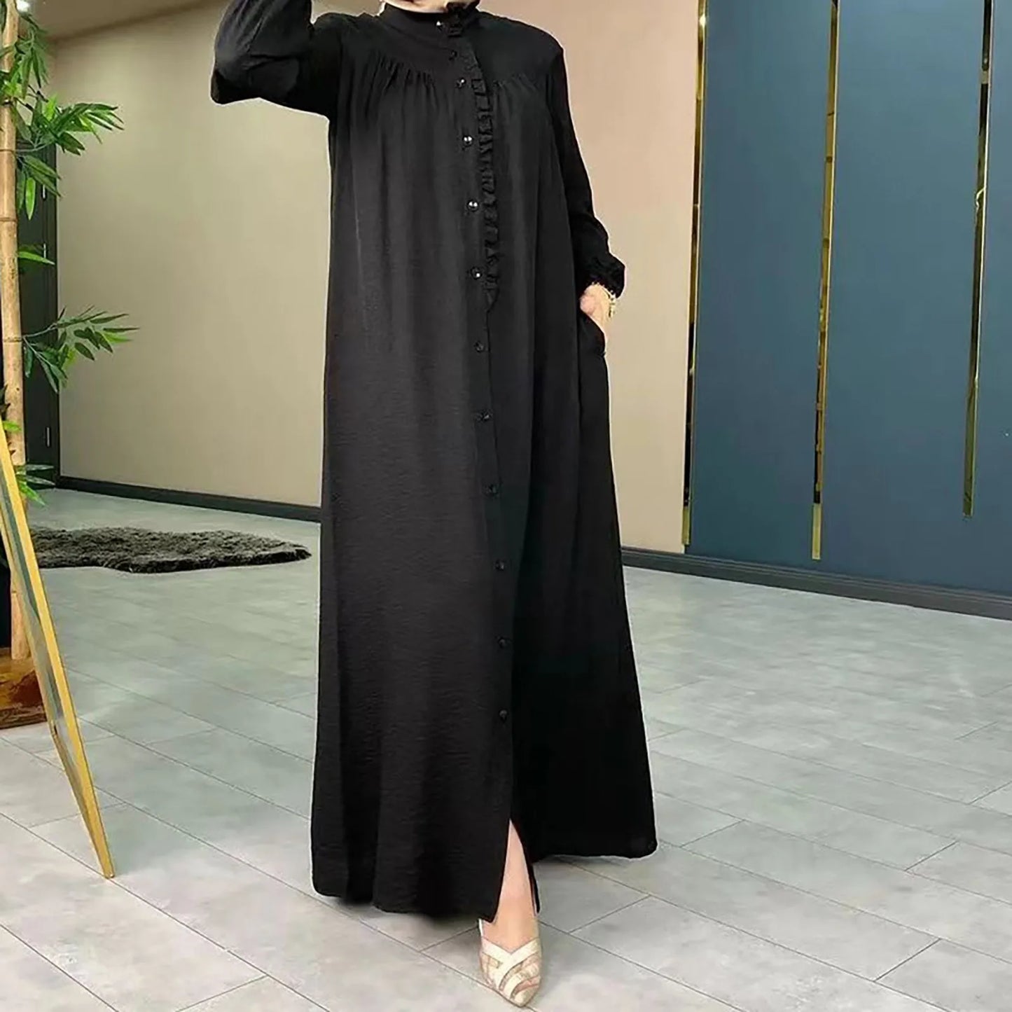 JuliaFashion - Muslim Abayas 2024 Casual Spring Summer Women Vintage Arabic Girl's Wear Lantern Sleeve Ankle-Length Robe Ramadan Dress