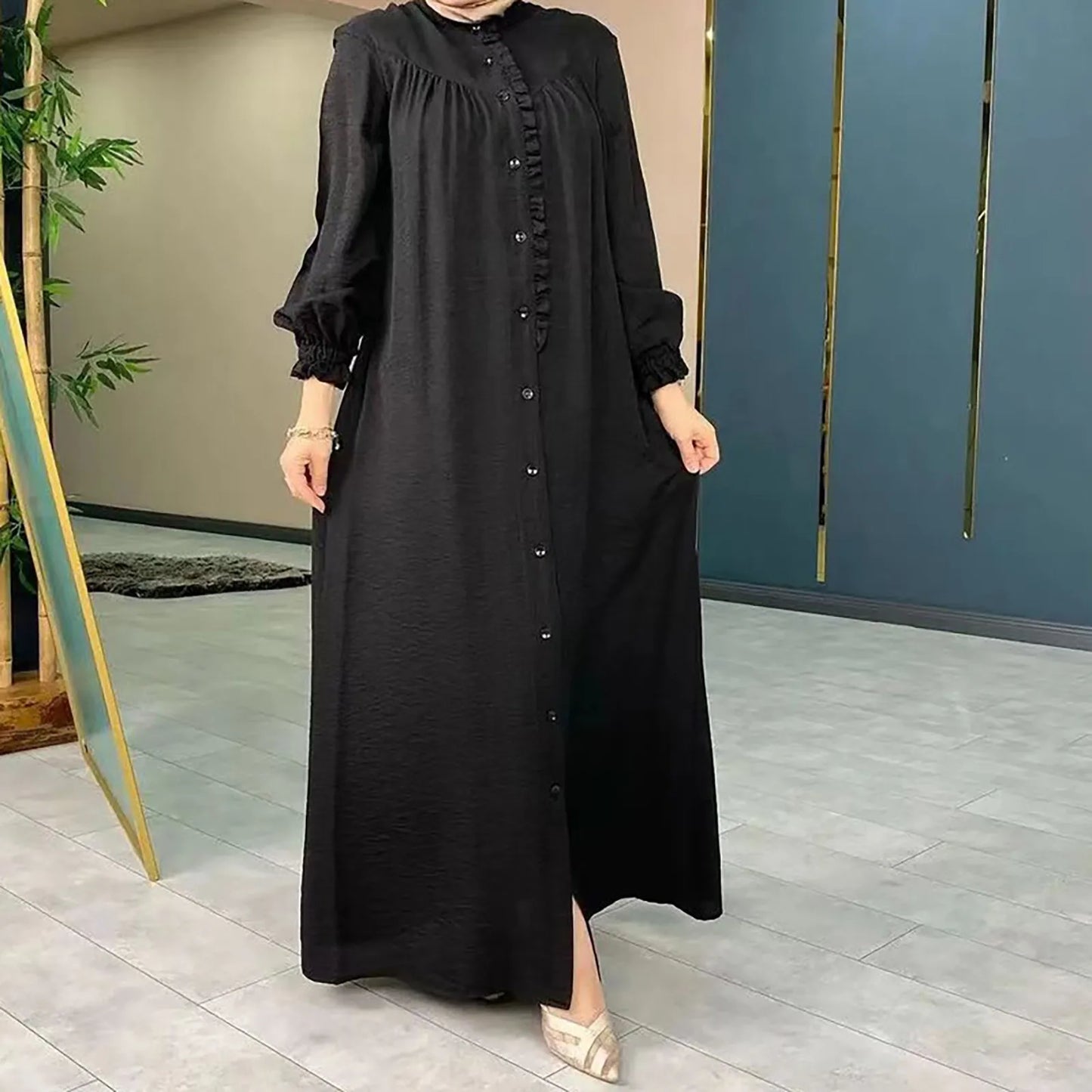 JuliaFashion - Muslim Abayas 2024 Casual Spring Summer Women Vintage Arabic Girl's Wear Lantern Sleeve Ankle-Length Robe Ramadan Dress
