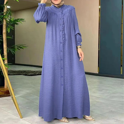 JuliaFashion - Muslim Abayas 2024 Casual Spring Summer Women Vintage Arabic Girl's Wear Lantern Sleeve Ankle-Length Robe Ramadan Dress