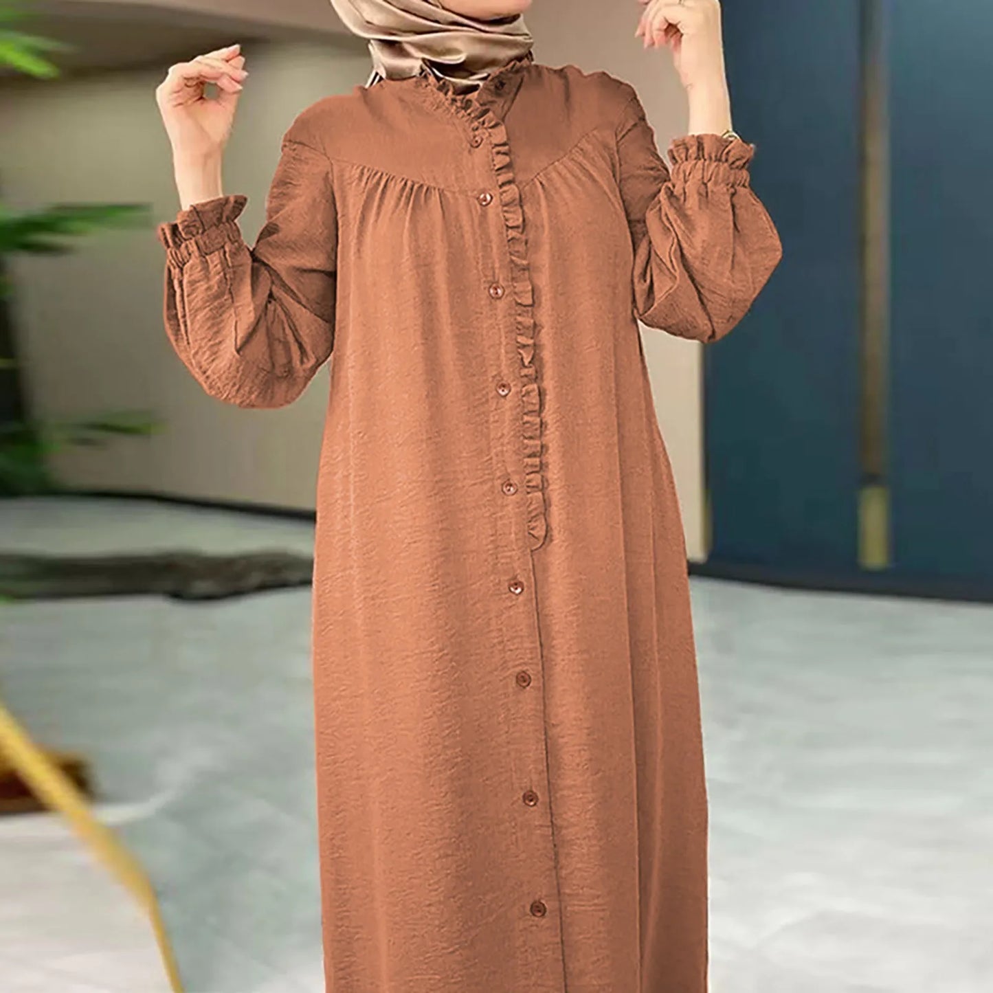JuliaFashion - Muslim Abayas 2024 Casual Spring Summer Women Vintage Arabic Girl's Wear Lantern Sleeve Ankle-Length Robe Ramadan Dress