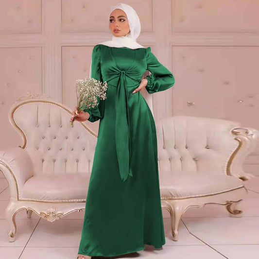 JuliaFashion - Muslim Long Women Elegant Wrap Satin Abaya Front Belted Hijab Modest Dubai Turkey Islam Kaftan Robe Ramadan Dress