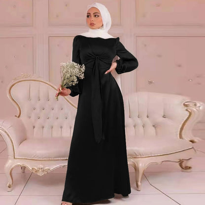 JuliaFashion - Muslim Long Women Elegant Wrap Satin Abaya Front Belted Hijab Modest Dubai Turkey Islam Kaftan Robe Ramadan Dress