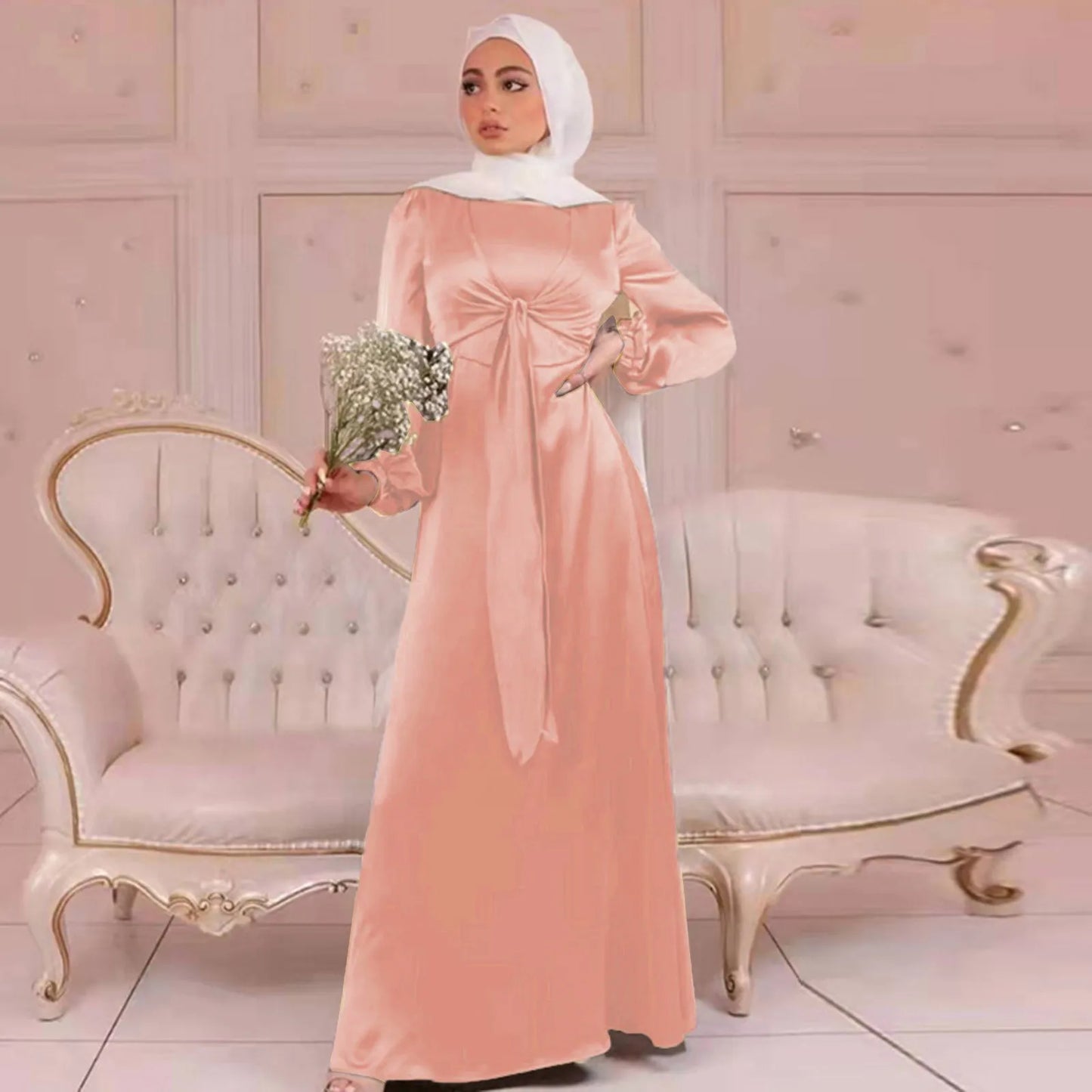 JuliaFashion - Muslim Long Women Elegant Wrap Satin Abaya Front Belted Hijab Modest Dubai Turkey Islam Kaftan Robe Ramadan Dress