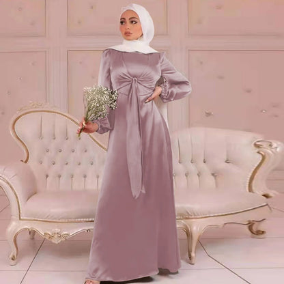 JuliaFashion - Muslim Long Women Elegant Wrap Satin Abaya Front Belted Hijab Modest Dubai Turkey Islam Kaftan Robe Ramadan Dress