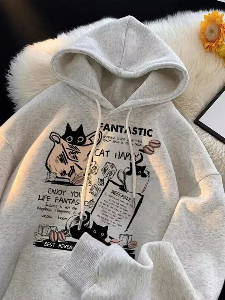 Cat Cartoon Printed Pullover Hoodie GRAY / M(40-45KG)