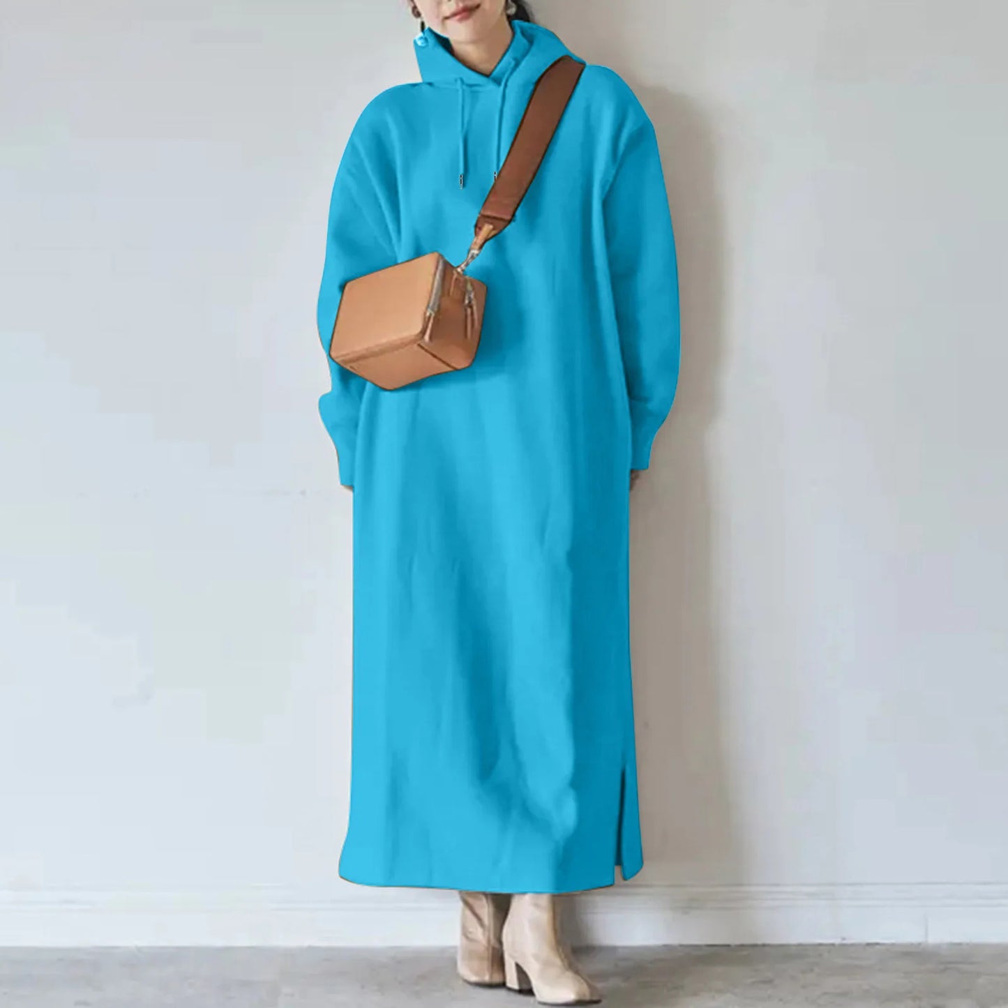 JuliaFashion - New Casual Hooded Vestidos 2024 Autumn Solid Sweatshirt Oversized Hoodies Robe Female Winter Warm Loose Dress