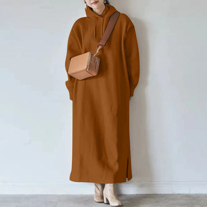 JuliaFashion - New Casual Hooded Vestidos 2024 Autumn Solid Sweatshirt Oversized Hoodies Robe Female Winter Warm Loose Dress