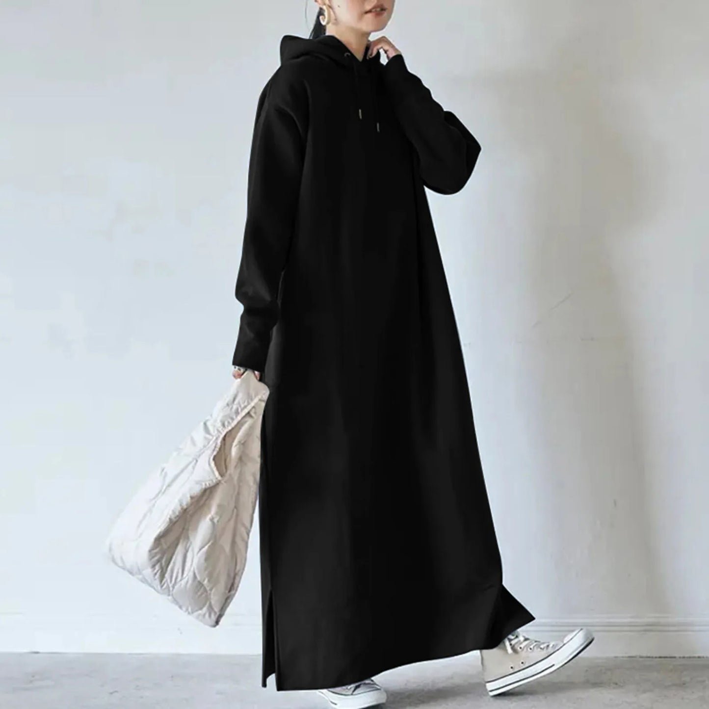 JuliaFashion - New Casual Hooded Vestidos 2024 Autumn Solid Sweatshirt Oversized Hoodies Robe Female Winter Warm Loose Dress