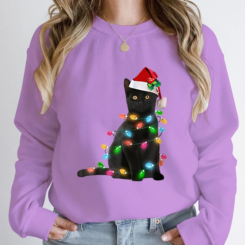 Black Cat Christmas Light Print Hoodie