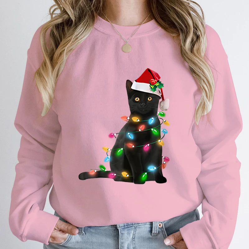 Black Cat Christmas Light Print Hoodie