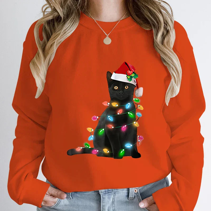 Hoodless Pullover Cute Black Cat Christmas Light Print Hoodie Orange / S Hoodies-L