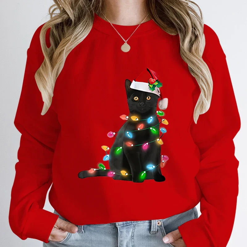 Hoodless Pullover Cute Black Cat Christmas Light Print Hoodie Red / S Hoodies-L
