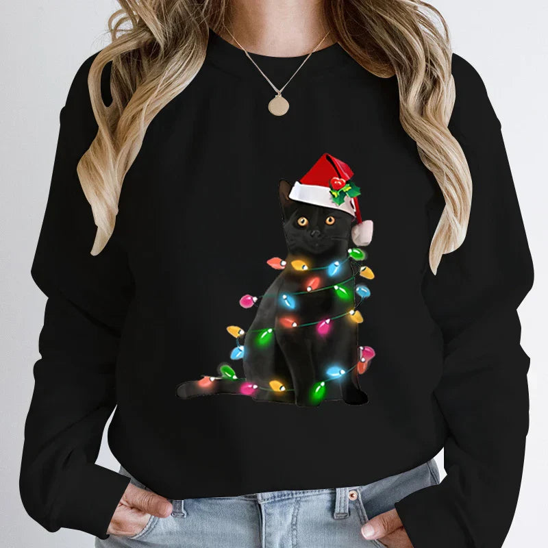 Hoodless Pullover Cute Black Cat Christmas Light Print Hoodie / S Hoodies-L